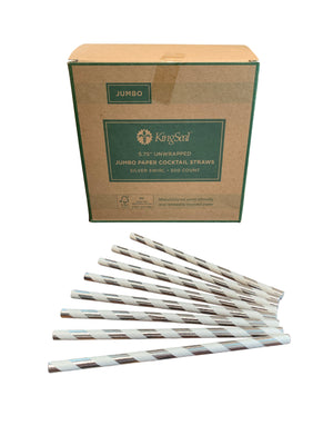 Kingseal FSC® Certified Paper Cocktail Straws, Unwrapped, 5.75 Inch, Silver Stripe, "Jumbo" Diameter, Bulk Pack