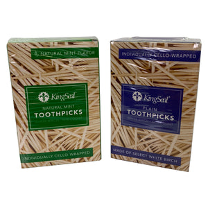 KingSeal Birch Wood Toothpicks, Cello Wrapped, Plain or Mint Flavor