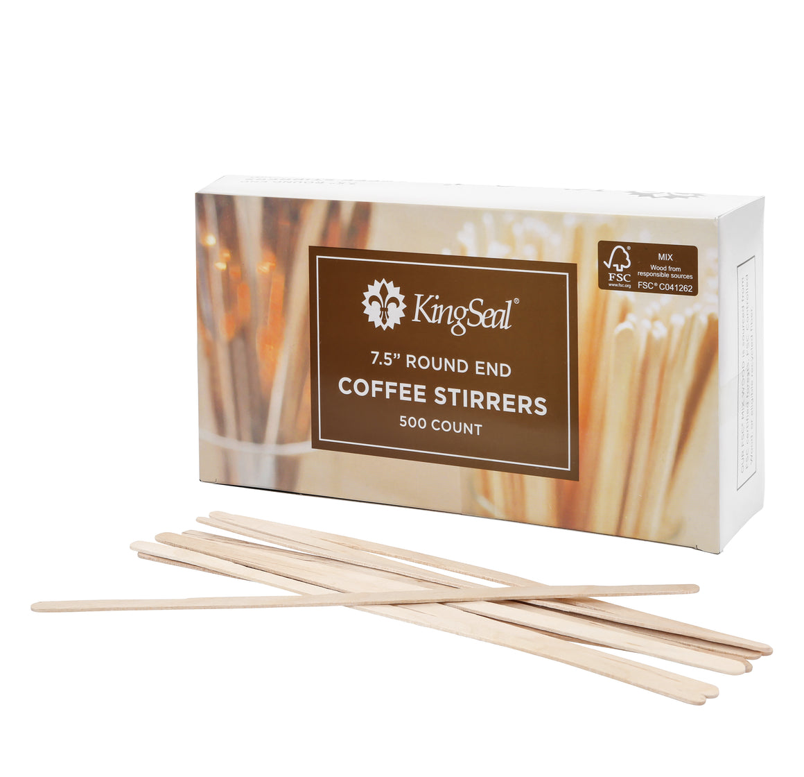 KingSeal FSC® C041262 Certified Birch Wood Coffee Stirrers, Stir Sticks, Round End - 7.5 Inch