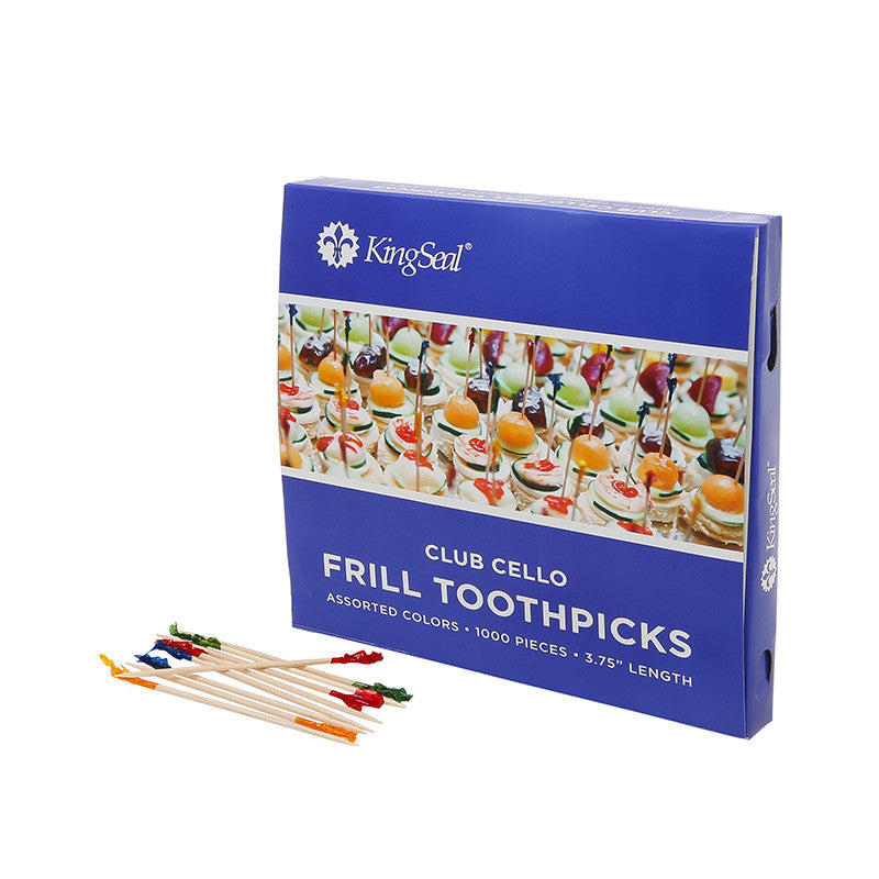 KingSeal Bamboo Club Frill Toothpicks, Assorted Colors, 3.75 Inch Length - Perfect for Appetizers and Sandwiches