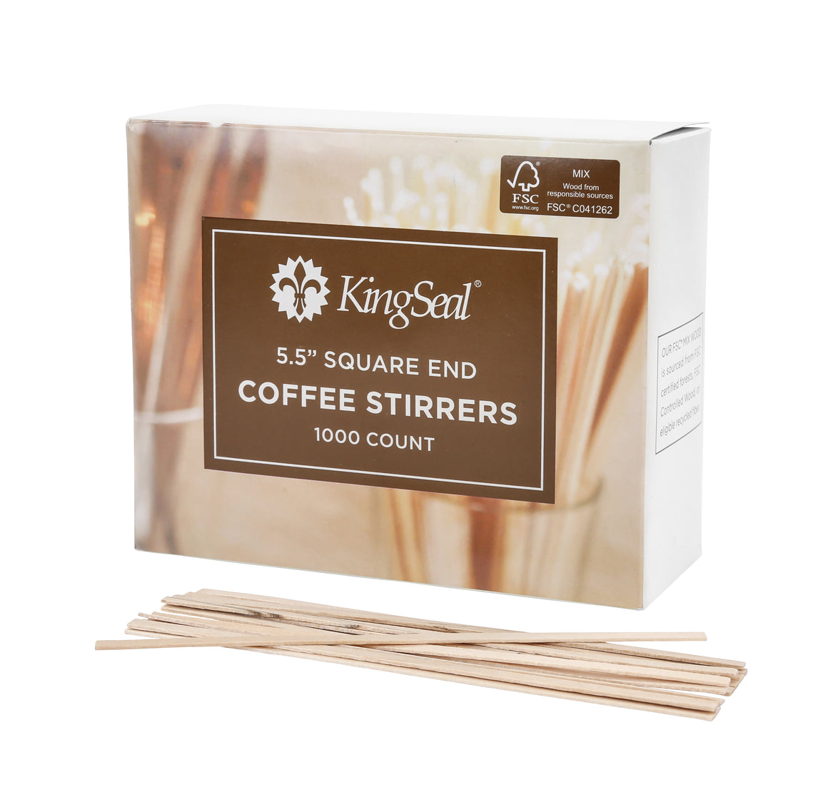 KingSeal FSC® C041262 Certified Natural Birch Wood Coffee Beverage Stirrers, Square End - 5.5 Inch
