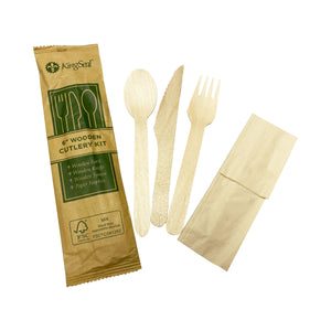 KingSeal FSC® C041262 Certified To-Go Wood Cutlery Kits - Fork, Knife, Spoon, Napkin